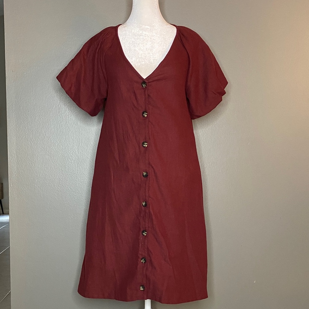 Madewell Cotton Burgundy Bubble-Sleeve Button-Front Pockets Dress - Size XS